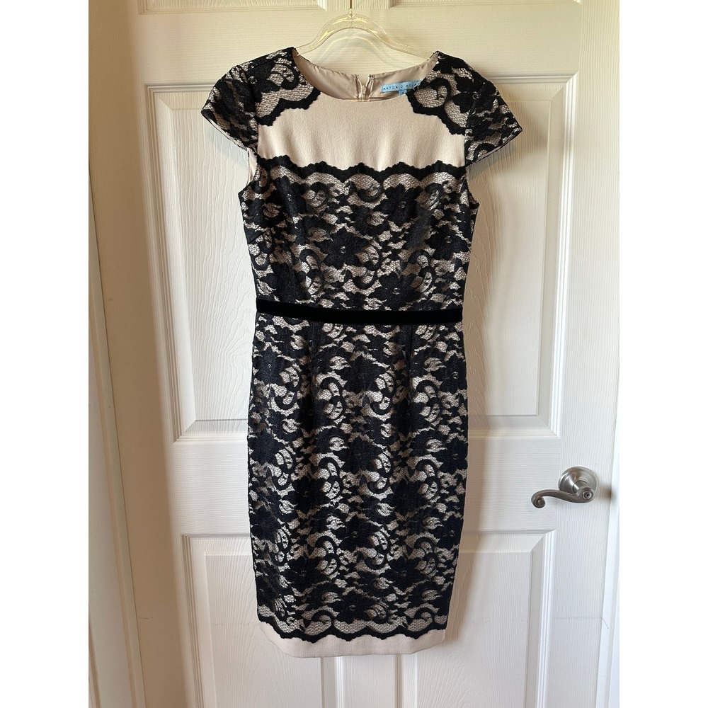 Antonio Melani Black Cream Floral Lace Cap Sleeve Sheath‎ Dress Size 4 - Picture 2 of 14